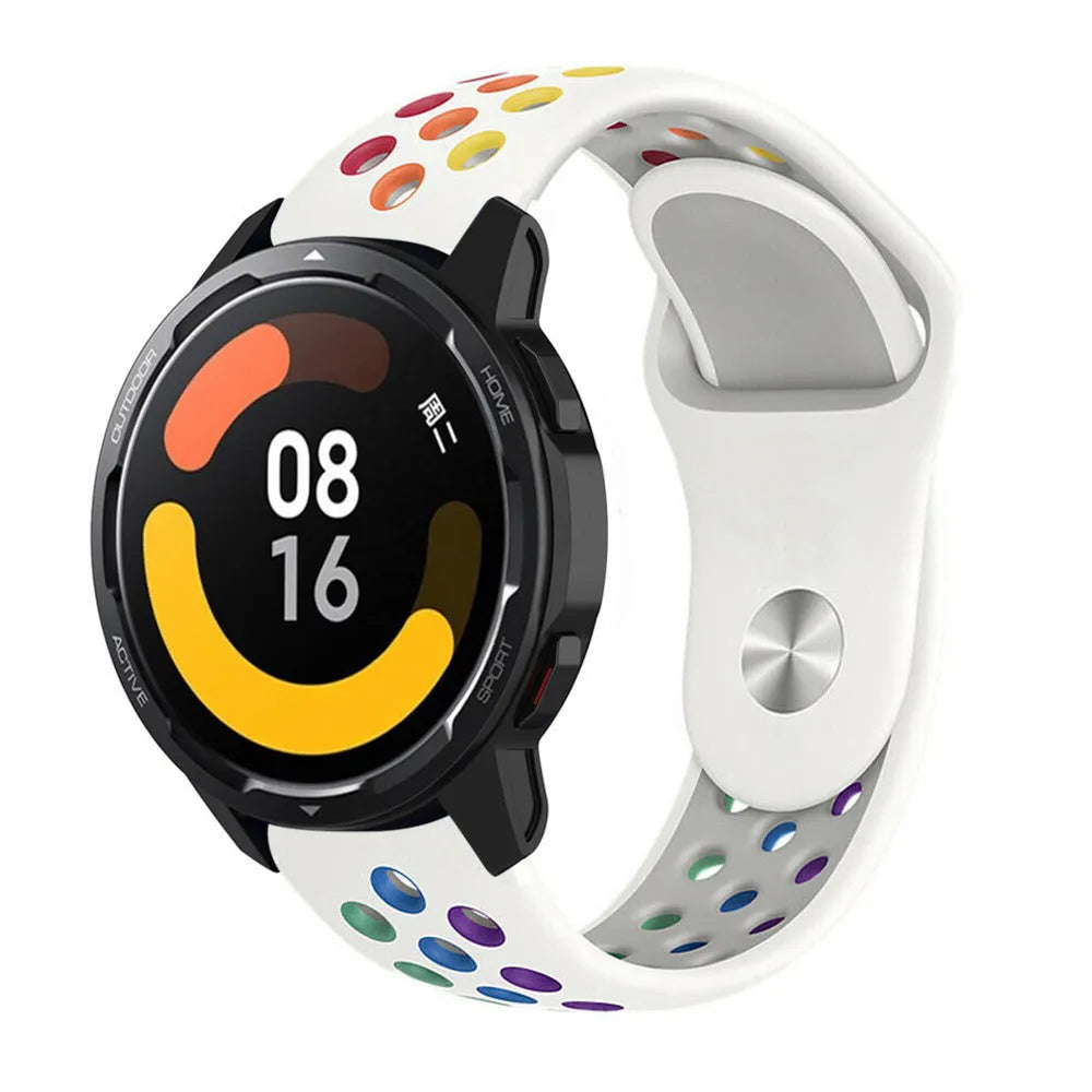 Silicone Sport Strap, white/colourful, on a watch, 3/4 front view
