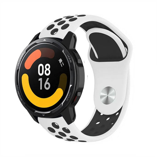 Silicone Sport Strap, white/black, on a watch, 3/4 front view