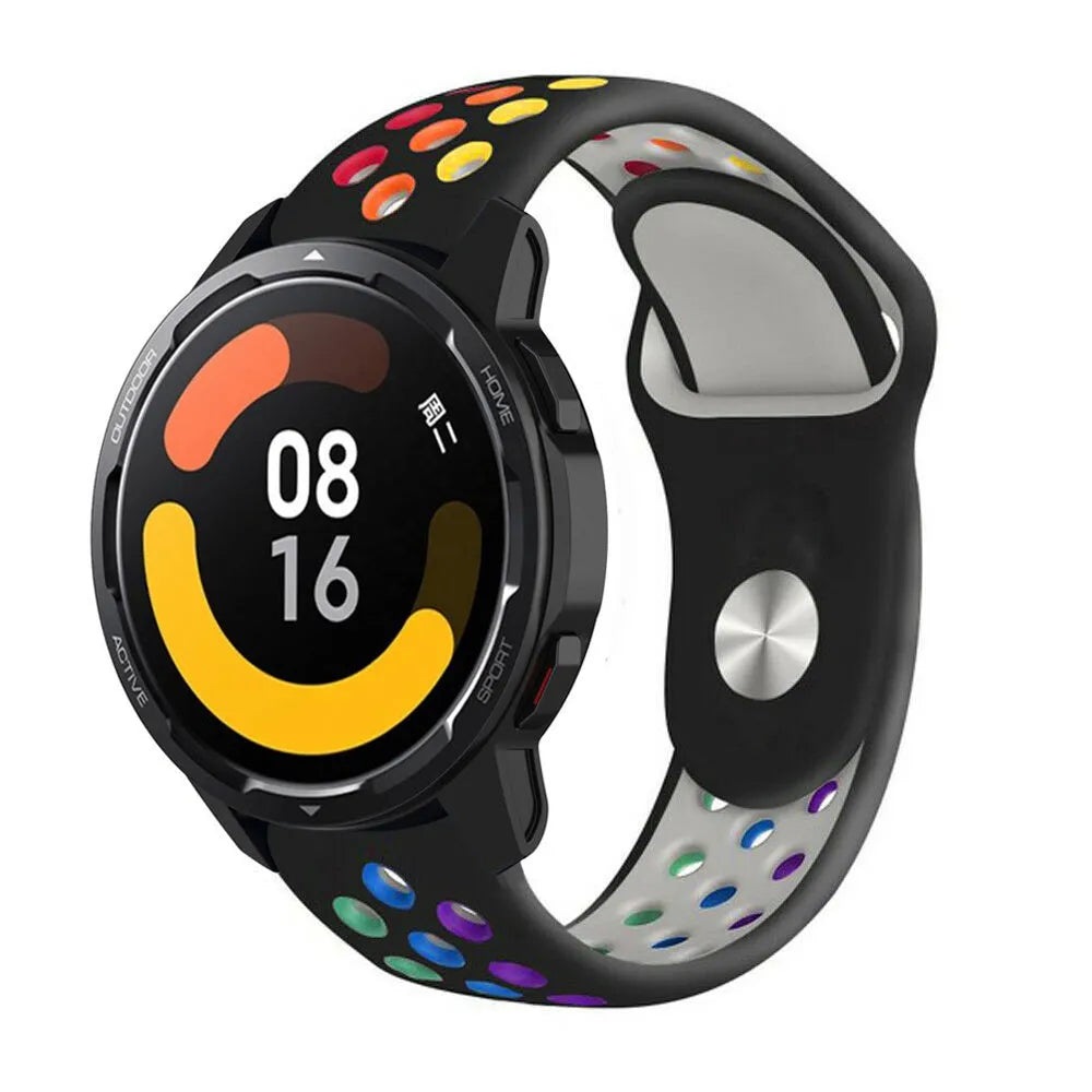 Silicone Sport Strap, black/colourful, on a watch, 3/4 front view