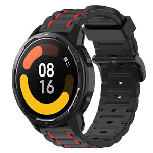 Silicone Sport Strap with Buckle, black/red, on a watch, 3/4 front view