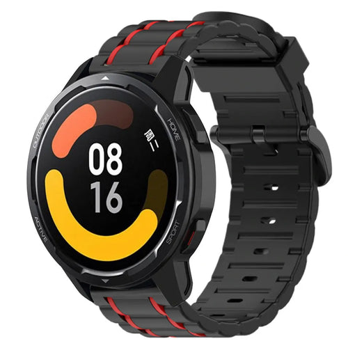 Silicone Sport Strap with Buckle, black/red, on a watch, 3/4 front view