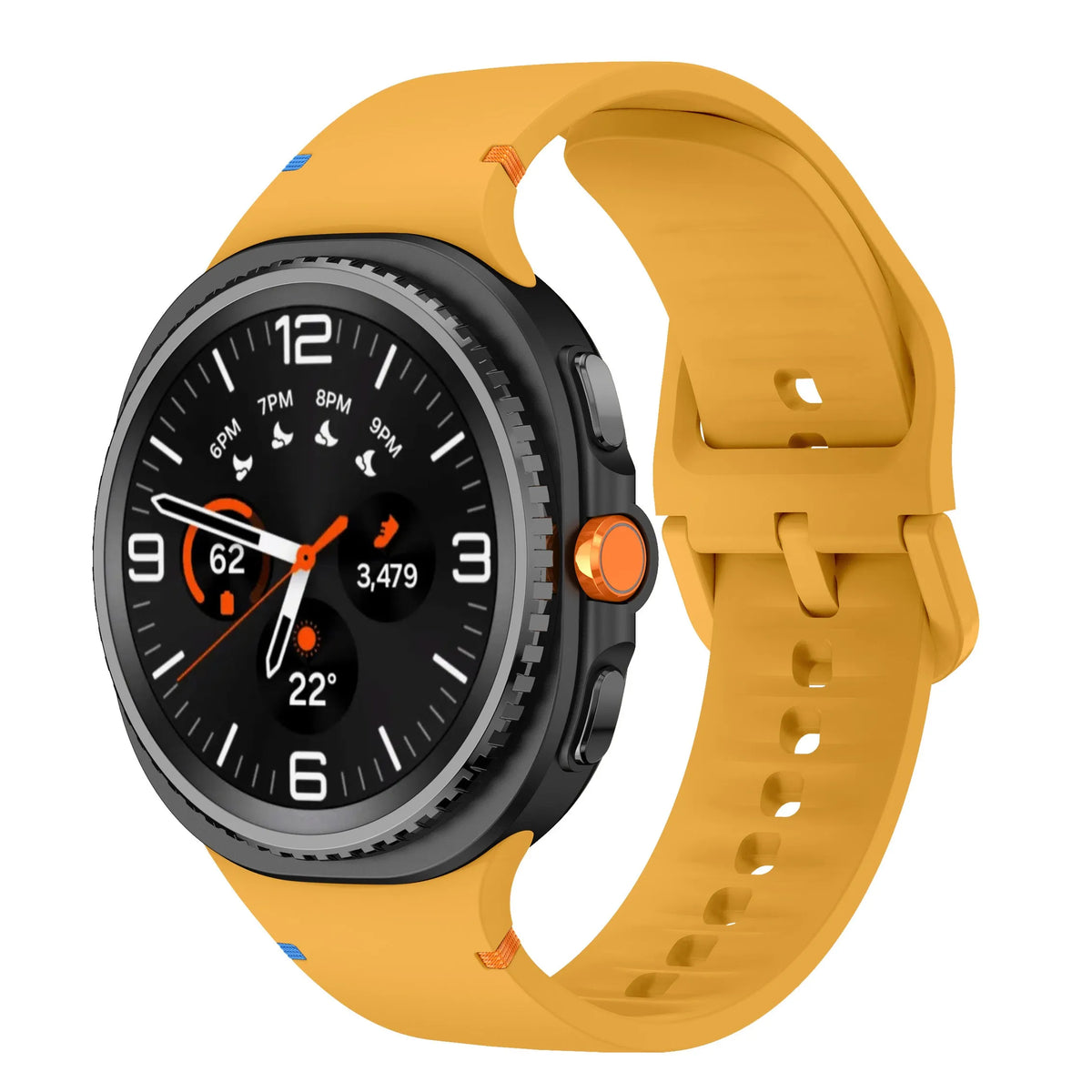 Silicone Strap, yellow, on a watch, 3/4 front view