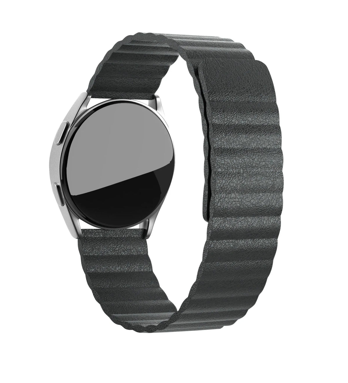 Leather Loop Strap, black, on a watch, 3/4 front view