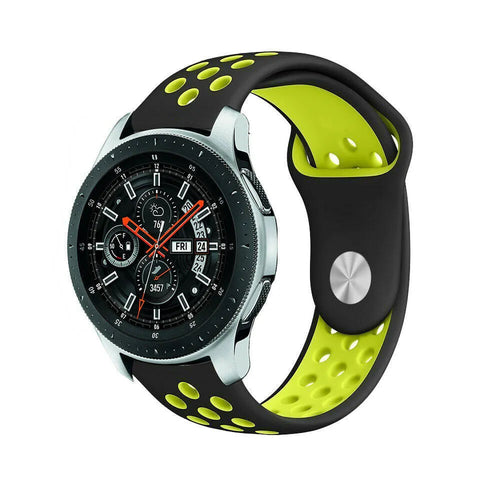 Silicone Sport Strap, black/yellow, on a watch, 3/4 front view