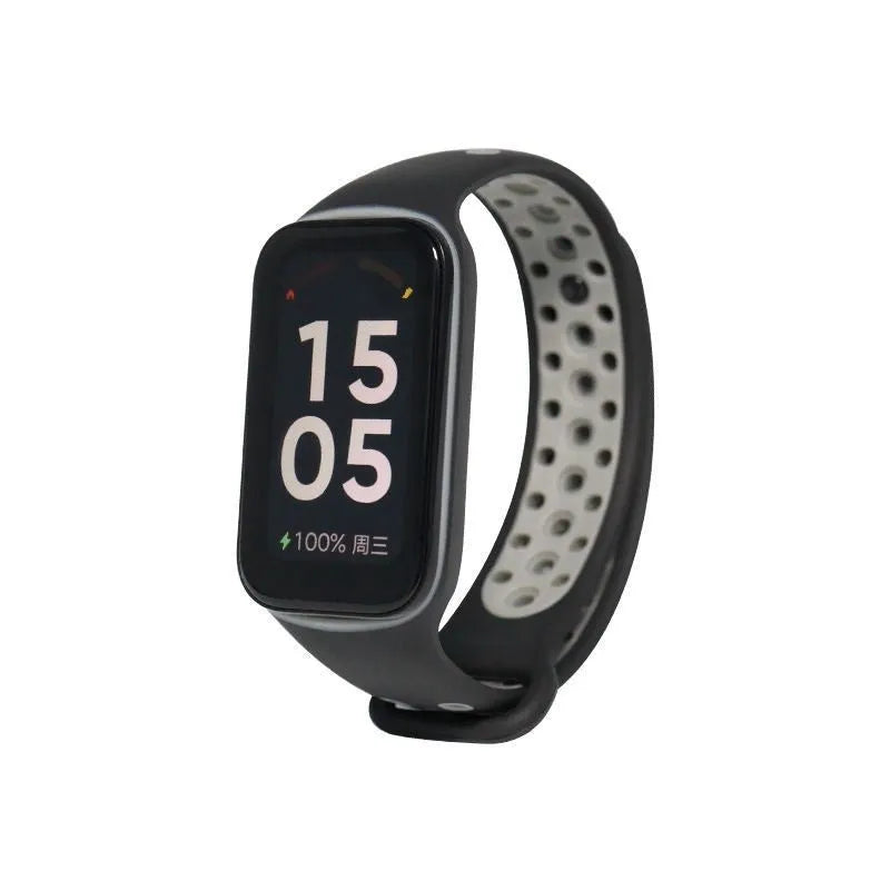 Silicone Sport Strap, black/grey, on a watch, 3/4 front view