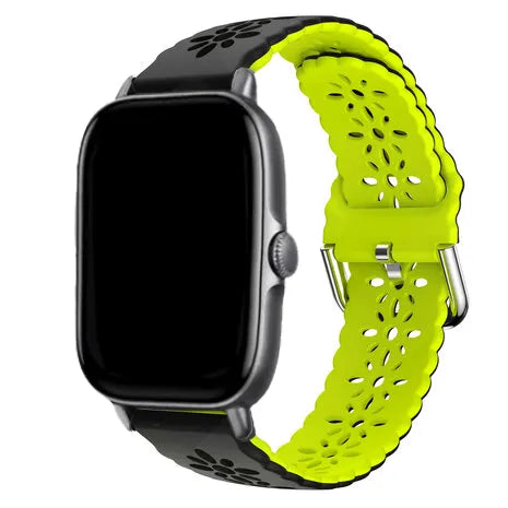 Patterned Silicone Strap, black/green, on a watch, 3/4 front view