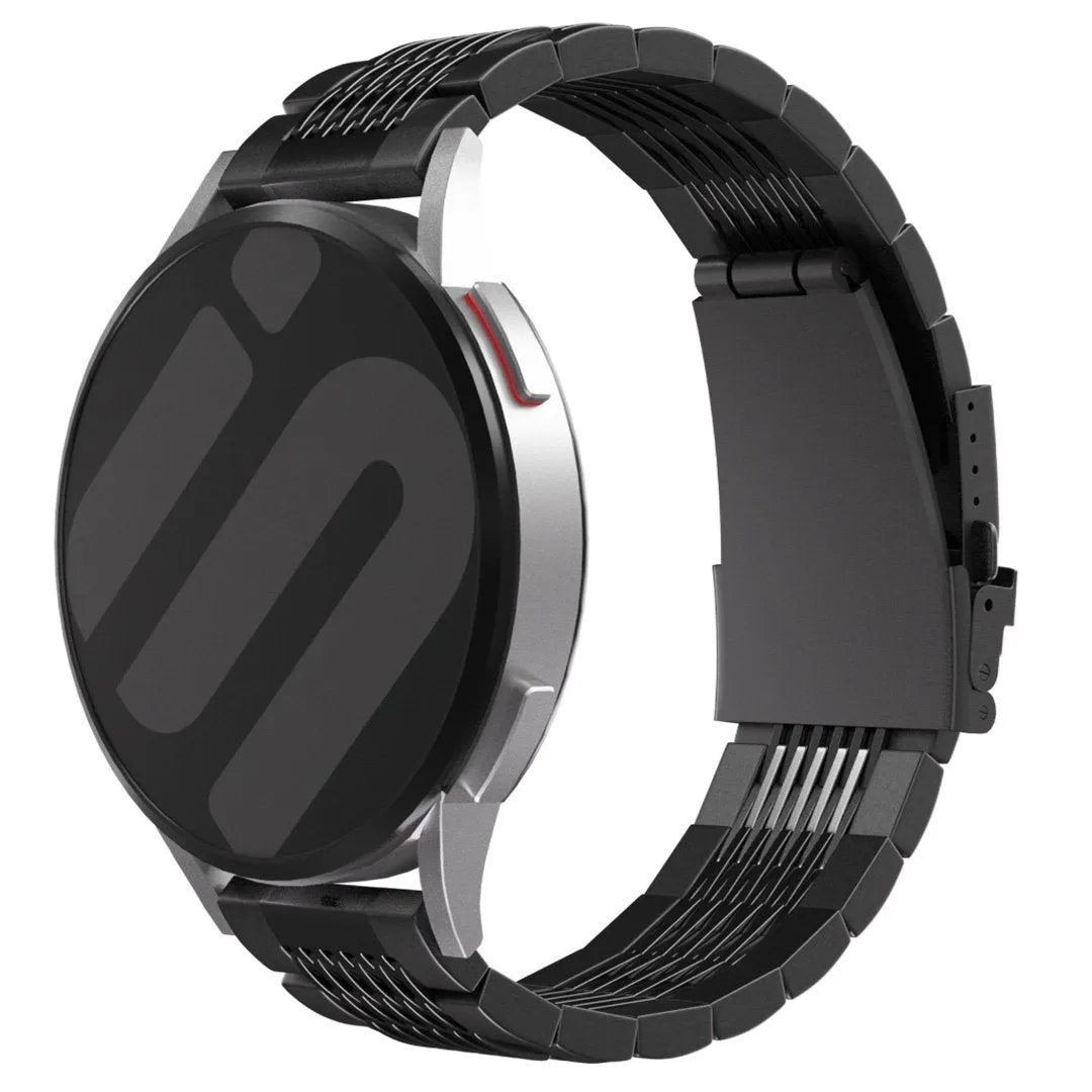 Luxury Steel Link Strap, black, on a watch, 3/4 front view