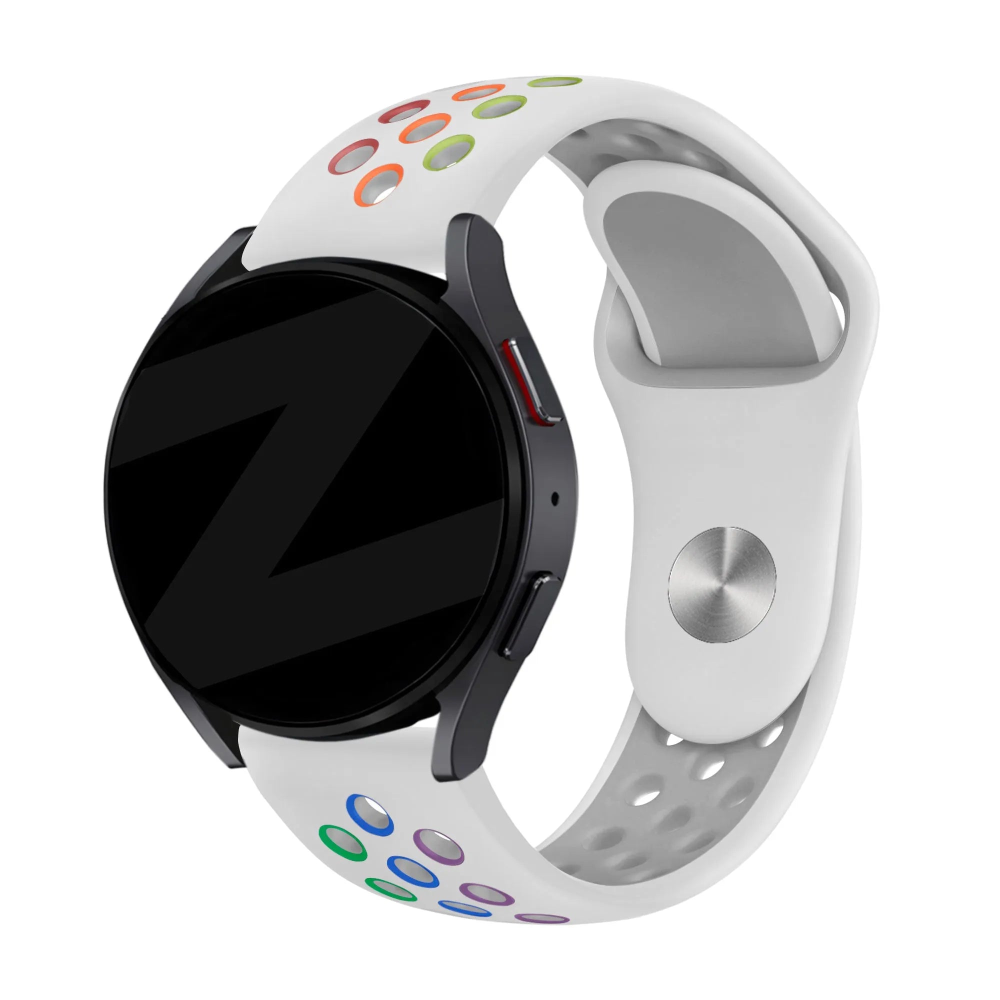 Silicone Sport Strap 'Deluxe', white/colourful, on a watch, 3/4 rear view