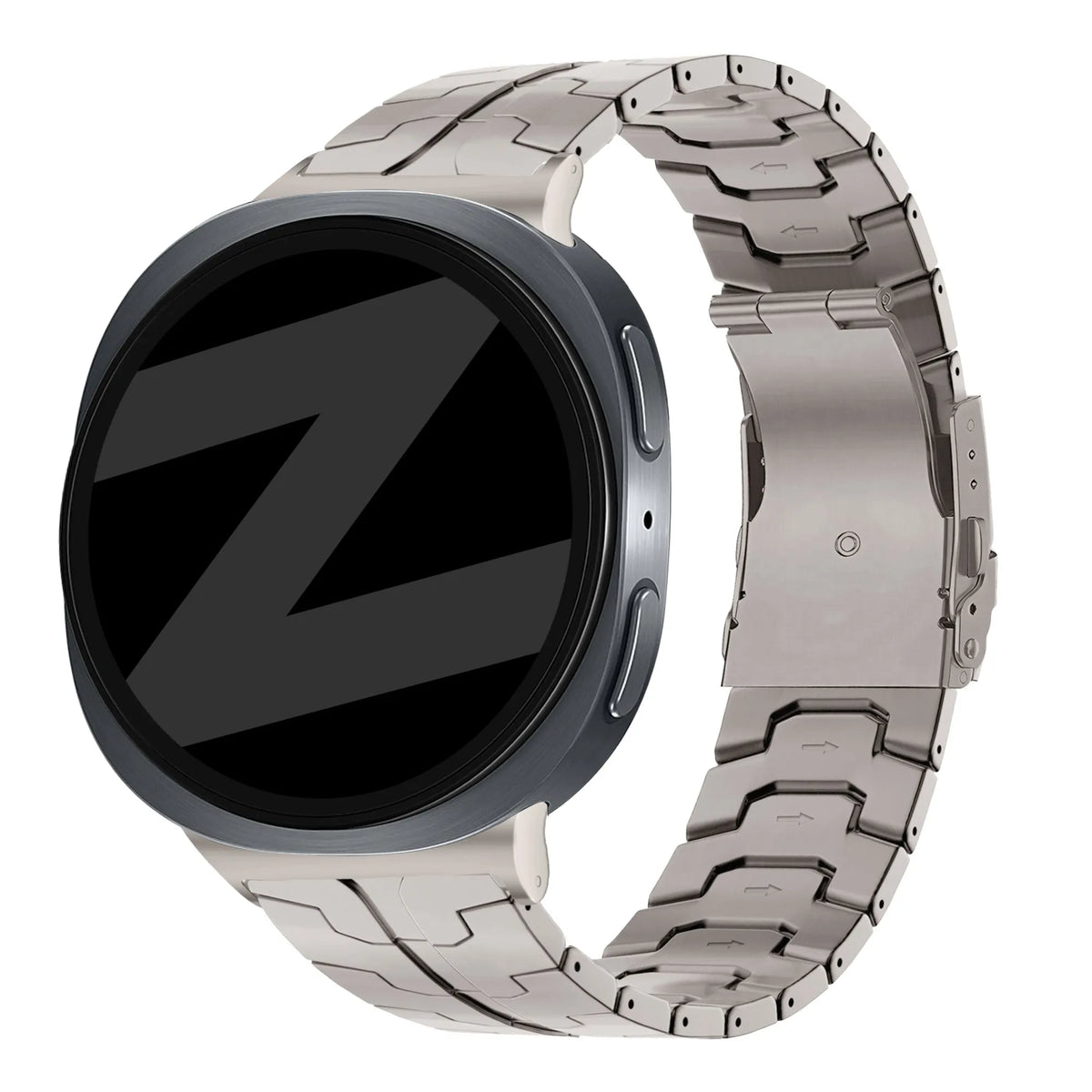 Titanium Strap 'Iron', on a watch, 3/4 rear view