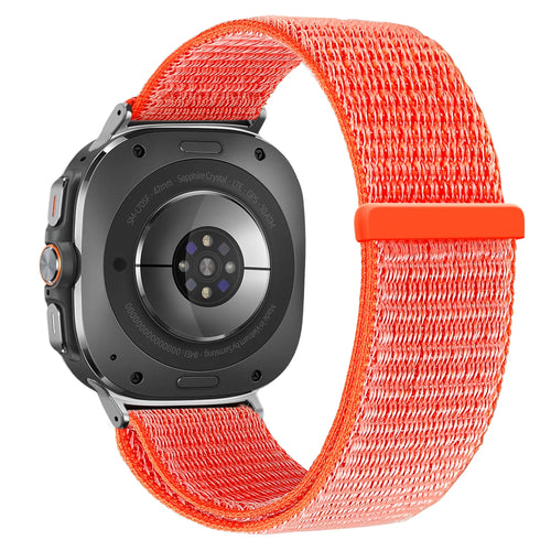 Nylon Loop Strap, orange, on a watch, 3/4 rear view