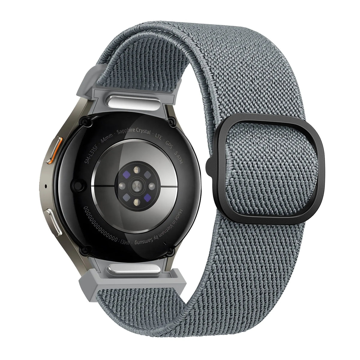 Nylon Elastic Strap 'Easy Fit', grey-blue, on a watch, 3/4 rear view