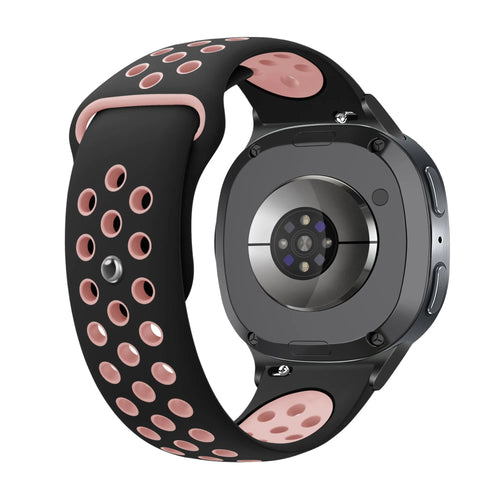 Silicone Sport Strap, black/pink, on a watch, 3/4 rear view
