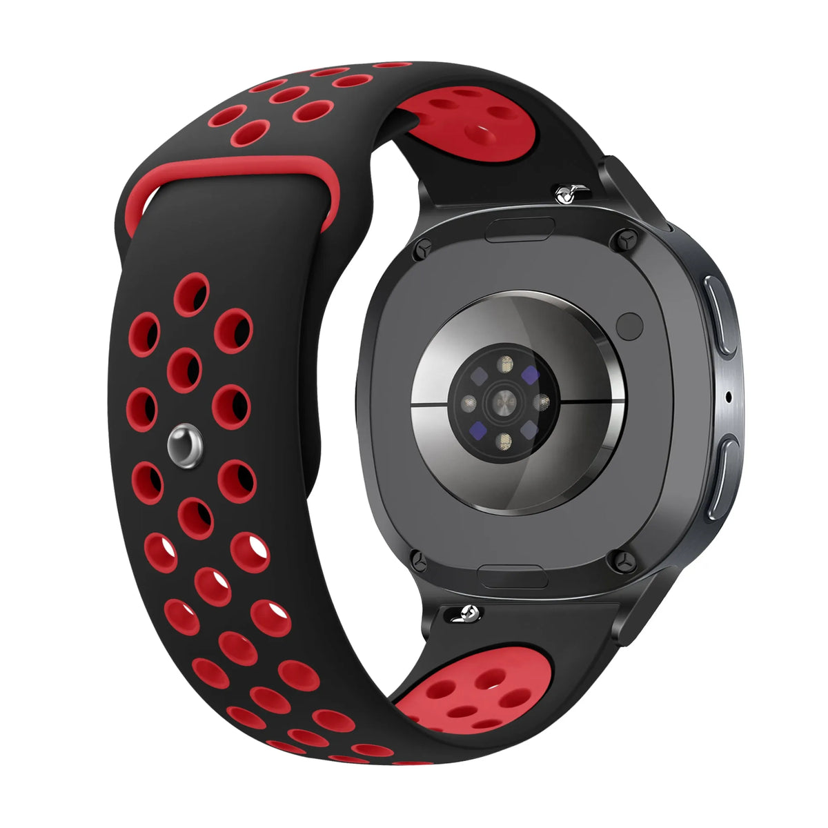 Silicone Sport Strap, black/red, on a watch, 3/4 rear view