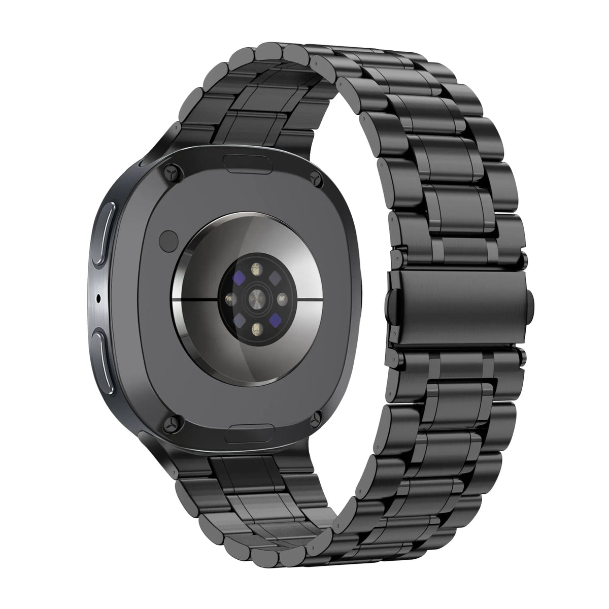 Steel Strap 'Deluxe', black, on a watch, 3/4 rear view