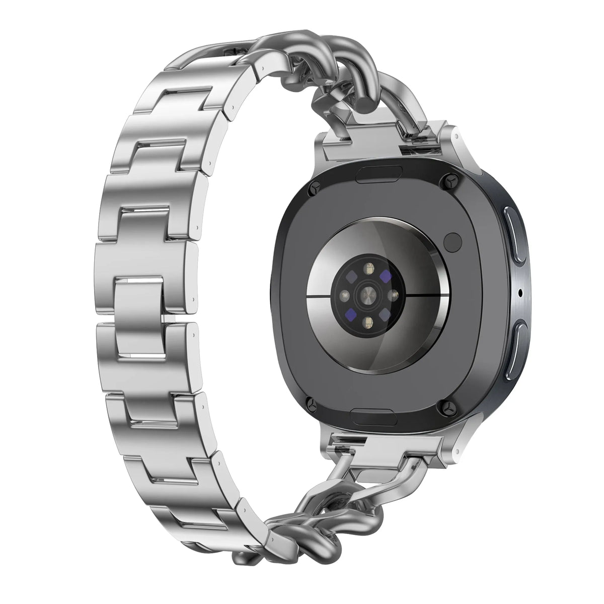 Steel Chain Strap, silver, on a watch, 3/4 rear view