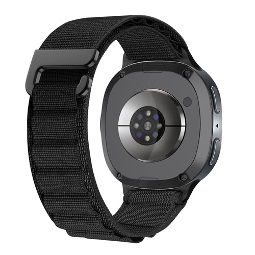 Alpine Nylon Strap, black/orange, on a watch, 3/4 rear view