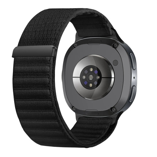 Wave Nylon Strap, black, on a watch, 3/4 rear view