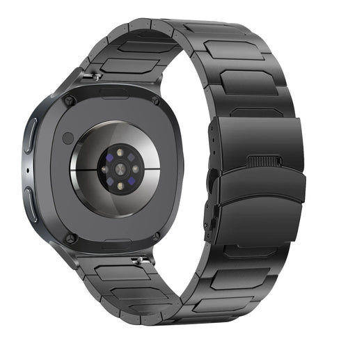 Titanium Strap 'Deluxe', black, on a watch, 3/4 rear view