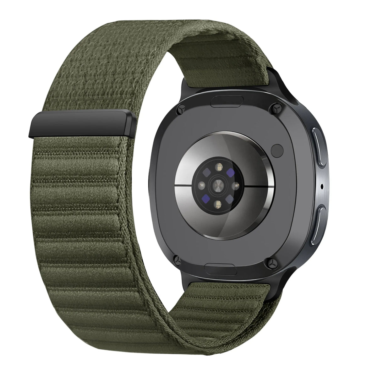 Wave Nylon Strap, dark green, on a watch, 3/4 rear view