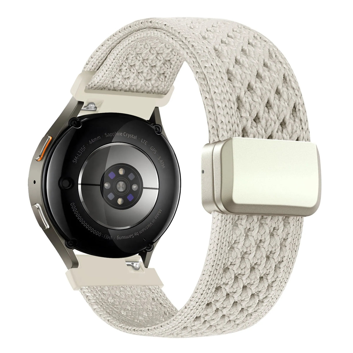 Vintage Nylon Strap, starlight, on a watch, 3/4 rear view