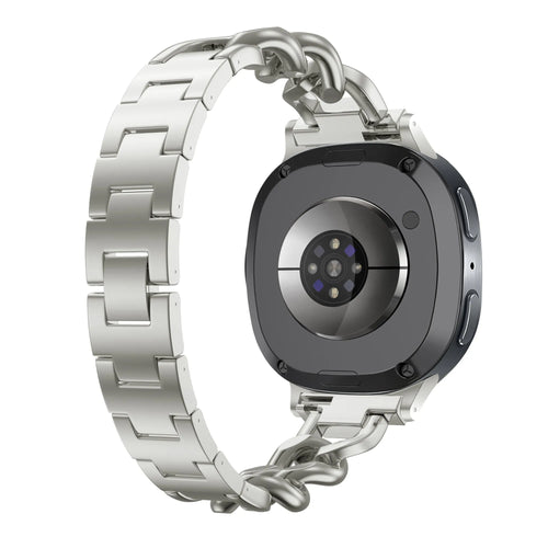 Steel Chain Strap, starlight, on a watch, 3/4 rear view