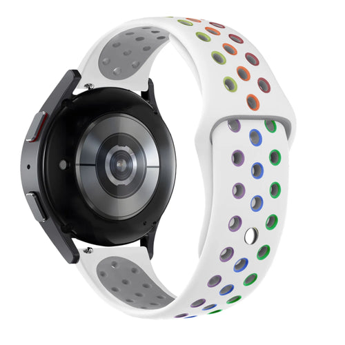 Silicone Sport Strap 'Deluxe', white/colourful, on a watch, 3/4 rear view