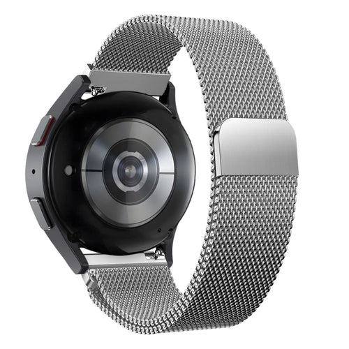 Milanese Loop Strap, silver, on a watch, 3/4 rear view