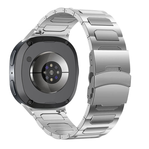 Titanium Strap 'Deluxe', silver, on a watch, 3/4 rear view