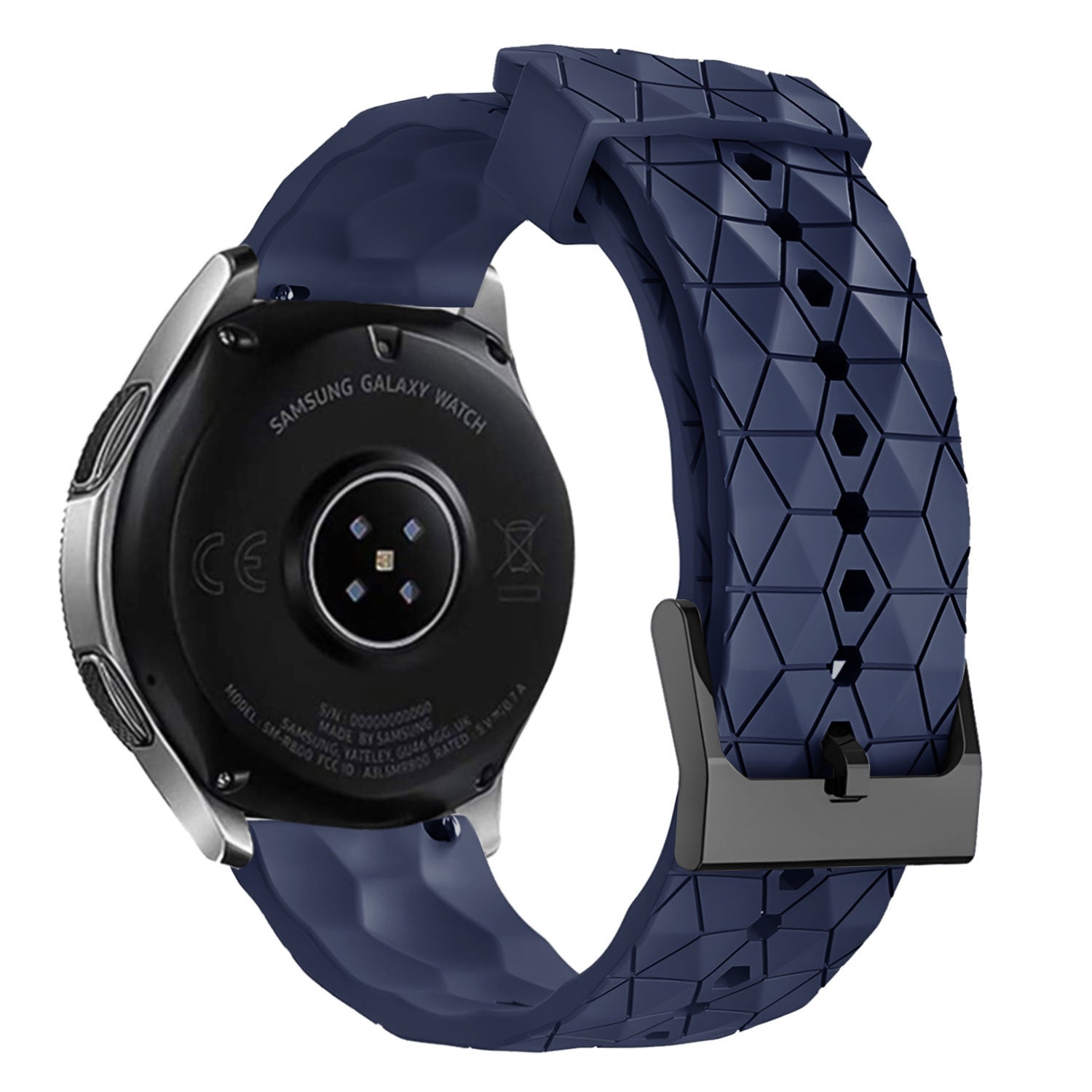 Silicone Strap Hexagons, dark blue, on a watch, 3/4 rear view