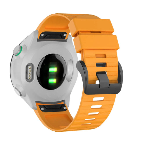 Buckled Silicone Strap, orange, on a watch, 3/4 rear view