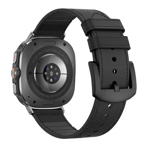 Leather Hybrid Strap with Buckle, black, on a watch, 3/4 rear view