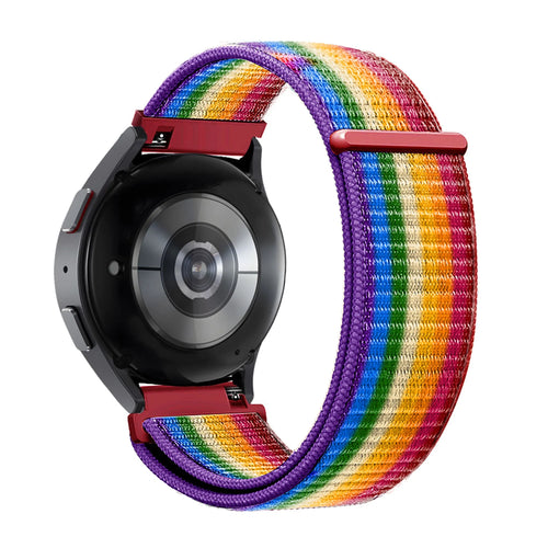 Nylon Loop Strap, rainbow, on a watch, 3/4 rear view