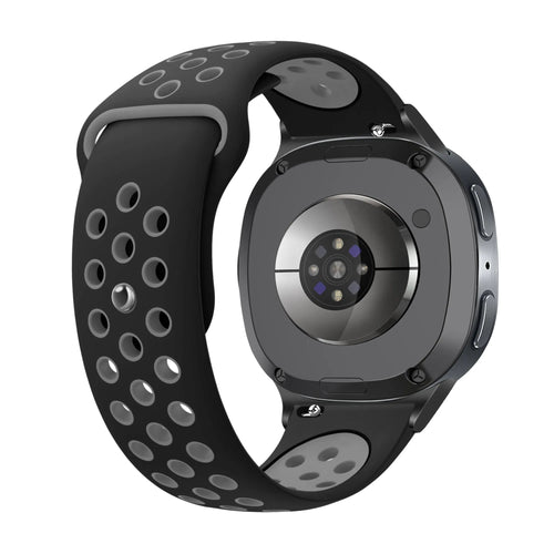 Silicone Sport Strap, black/grey, on a watch, 3/4 rear view