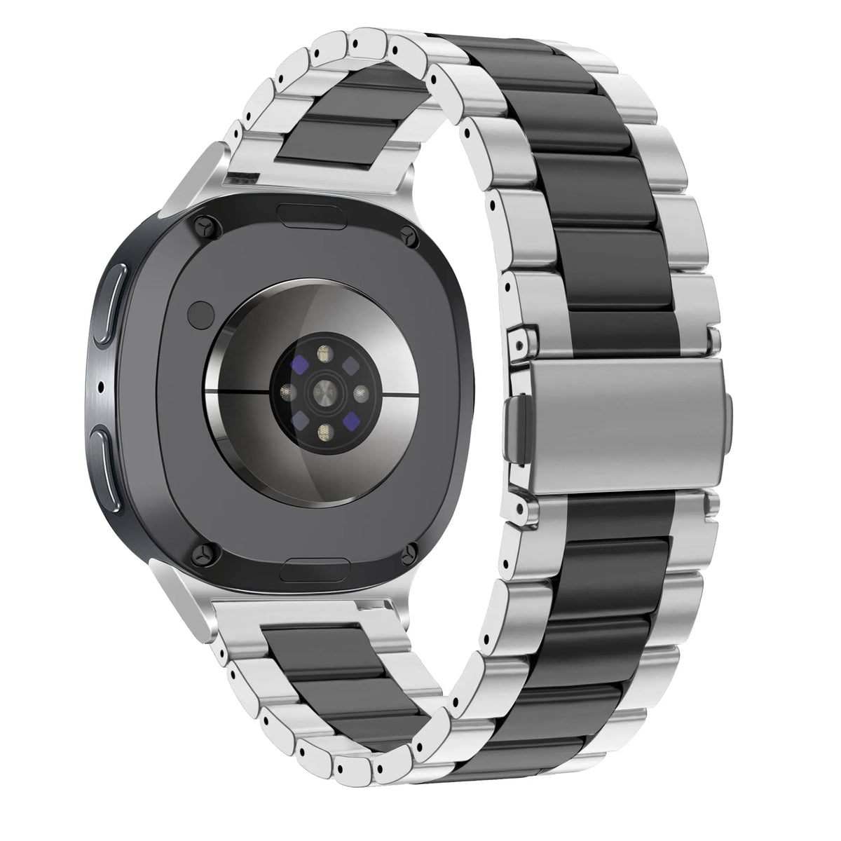 Steel Strap 'Classic', silver/black, on a watch, 3/4 rear view
