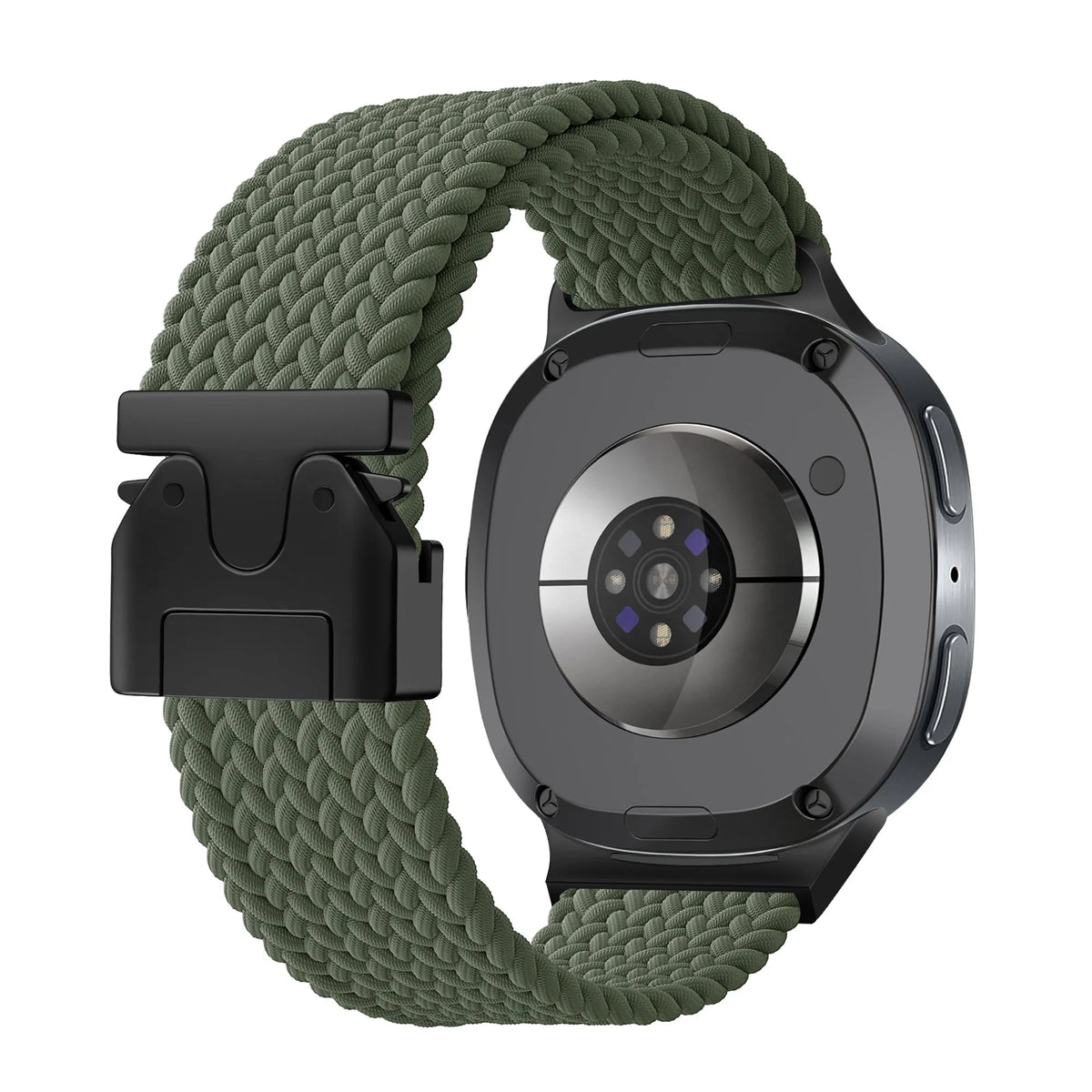Nylon Braided Strap P-Buckle, army green, on a watch, 3/4 rear view