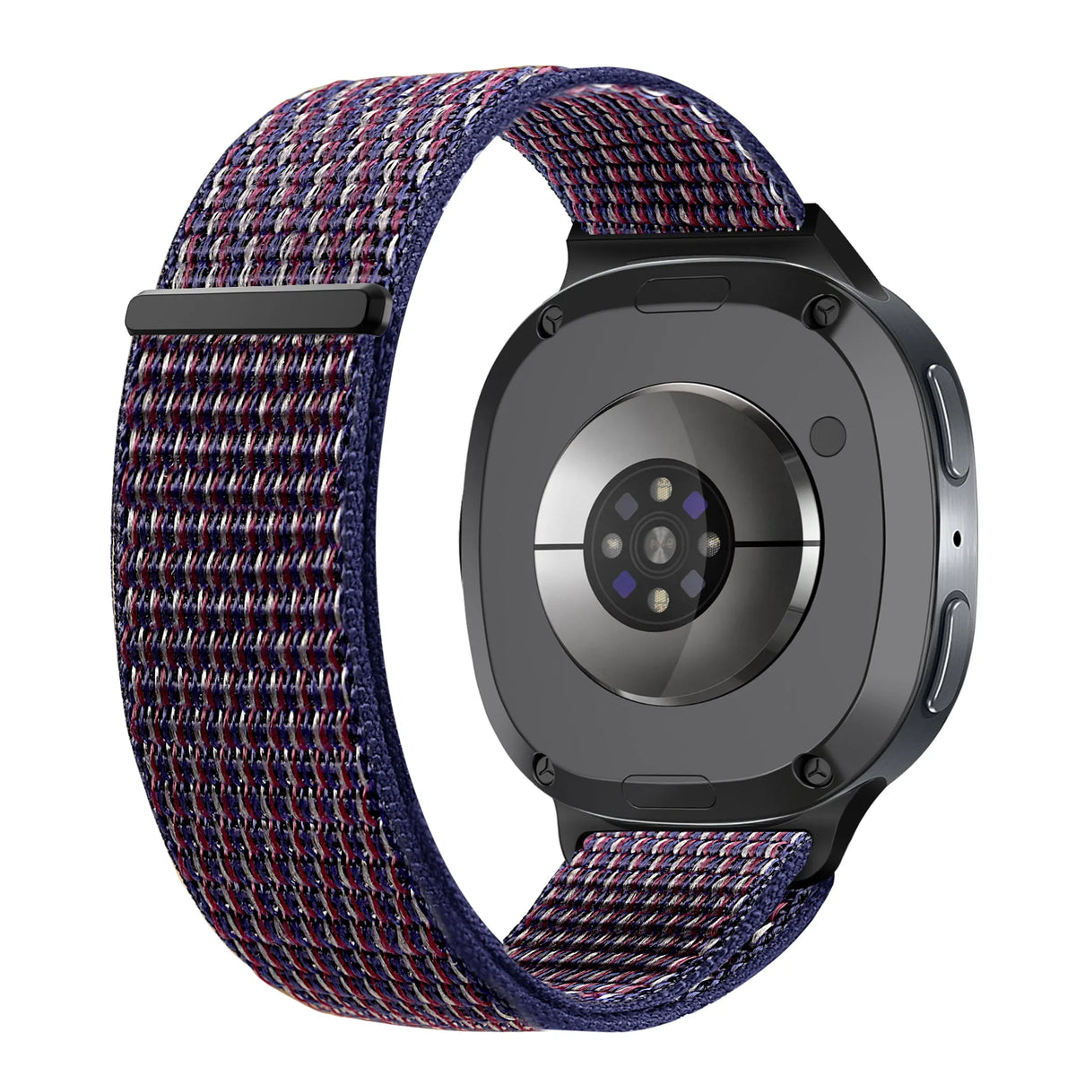 Nylon Strap, indigo, on a watch, 3/4 rear view