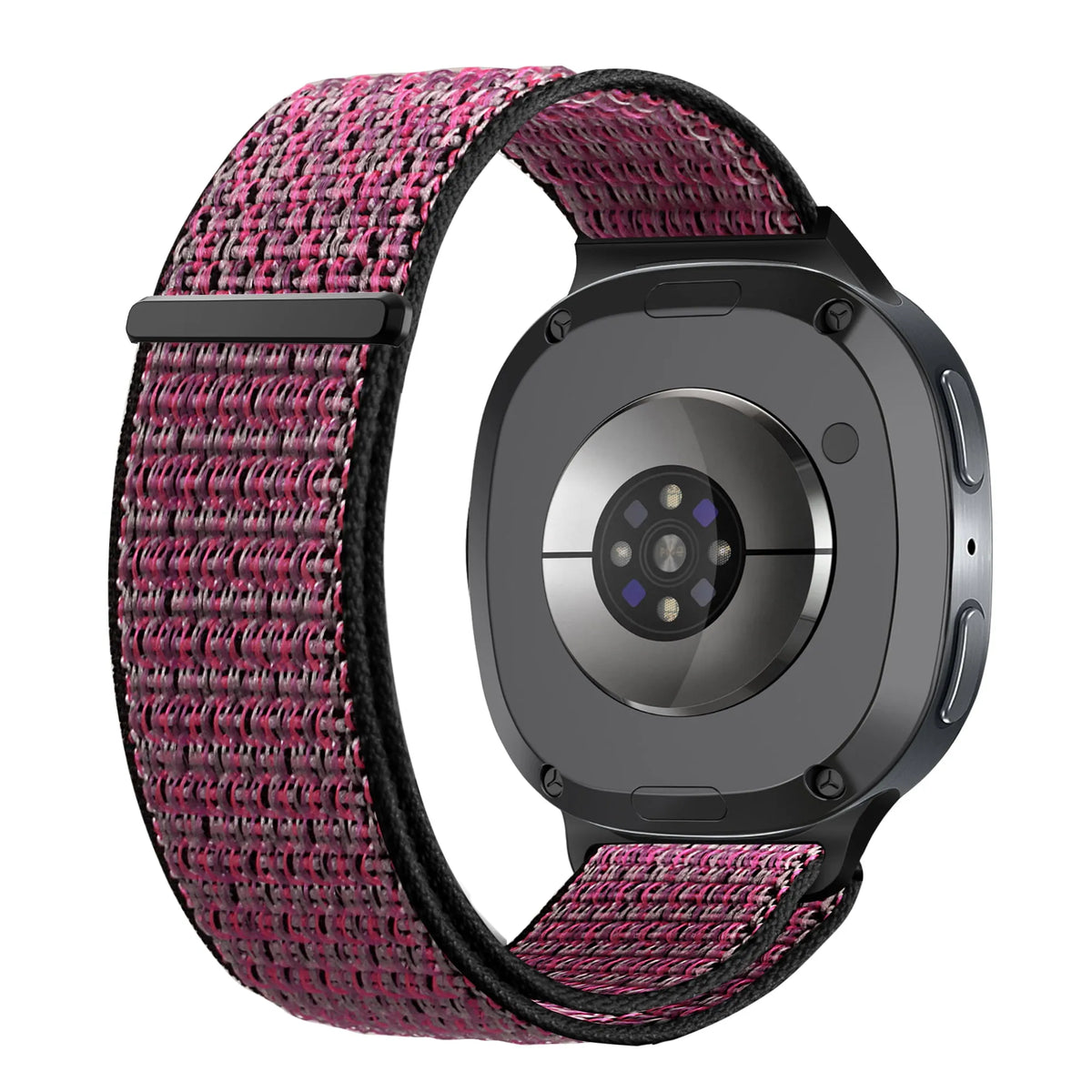 Nylon Strap, berry, on a watch, 3/4 rear view