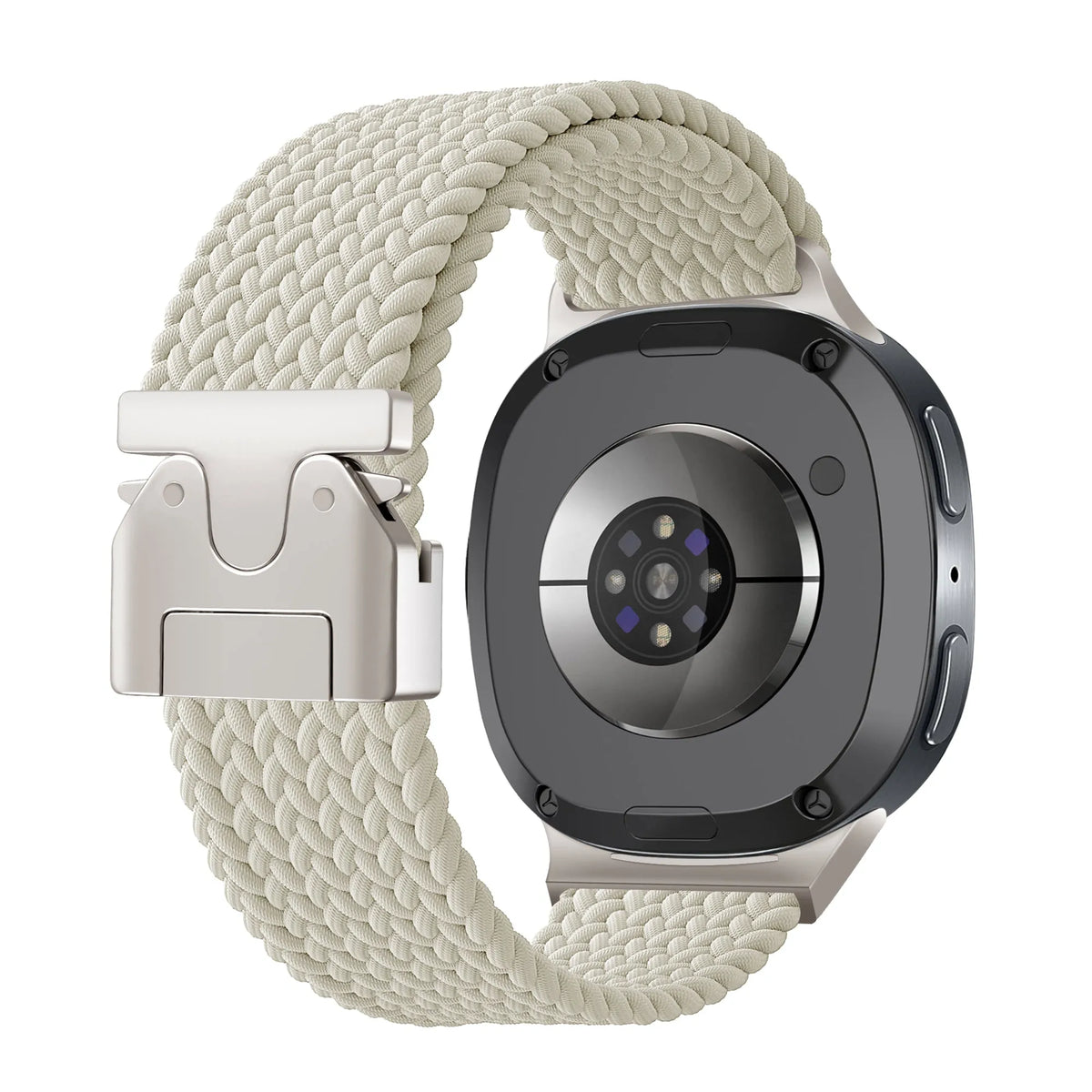 Nylon Braided Strap P-Buckle, starlight, on a watch, 3/4 rear view