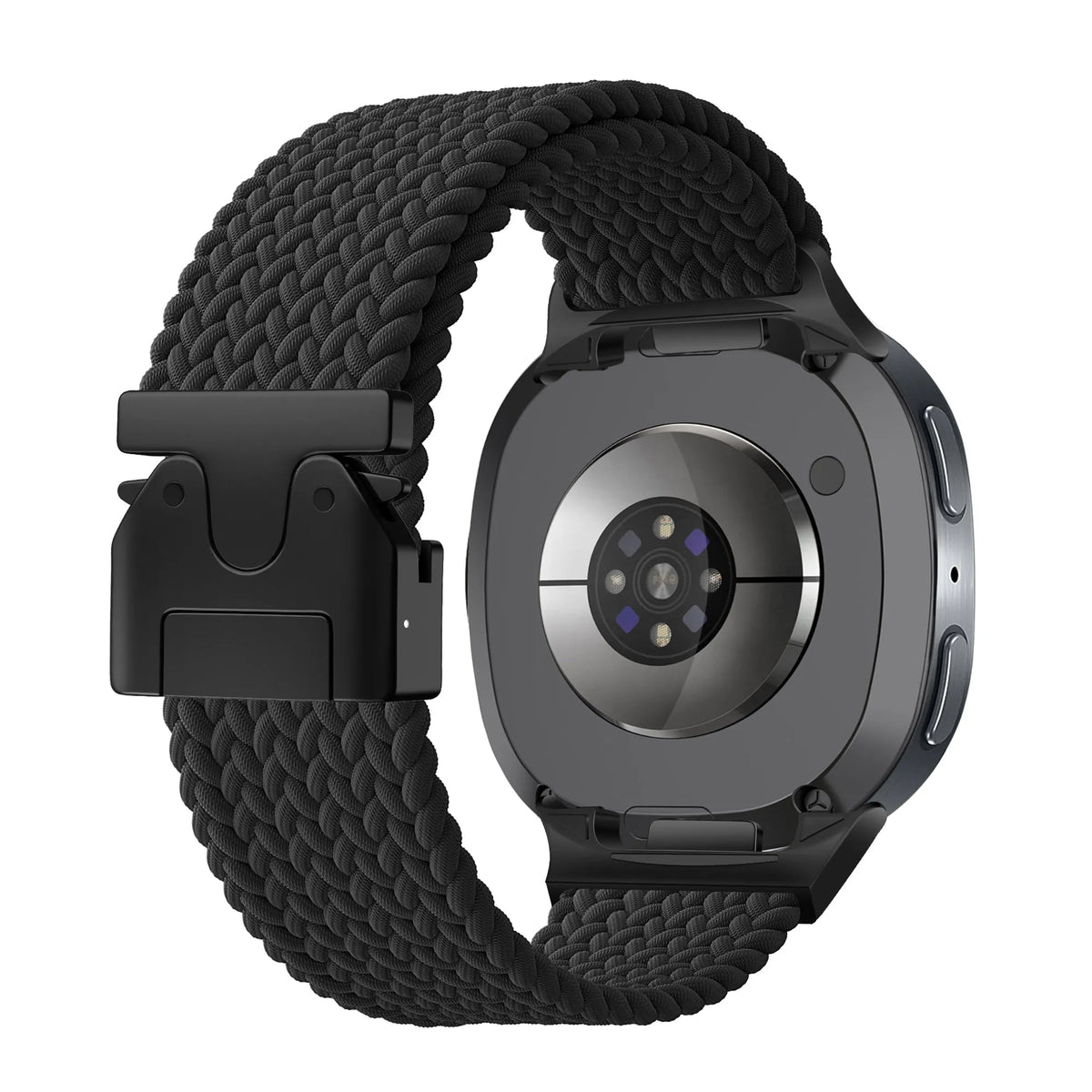 Nylon Braided Strap P-Buckle, black, on a watch, 3/4 rear view