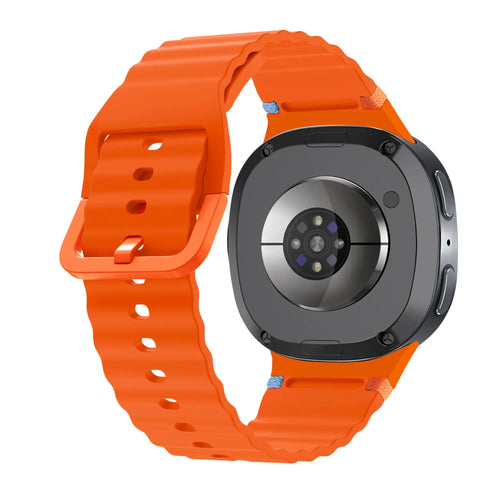 Wave Silicone Strap, orange, on a watch, 3/4 rear view