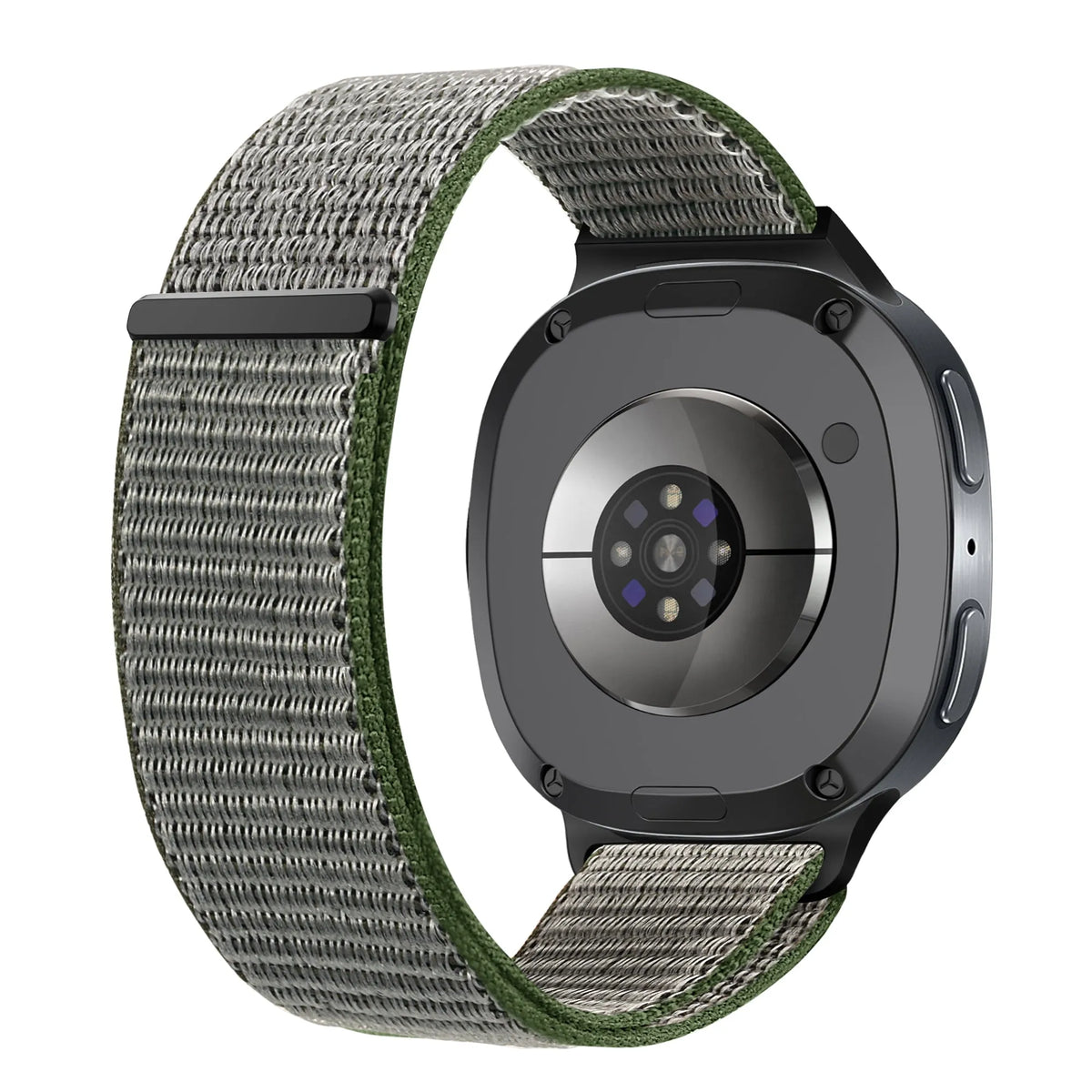 Nylon Strap, olive green, on a watch, 3/4 rear view