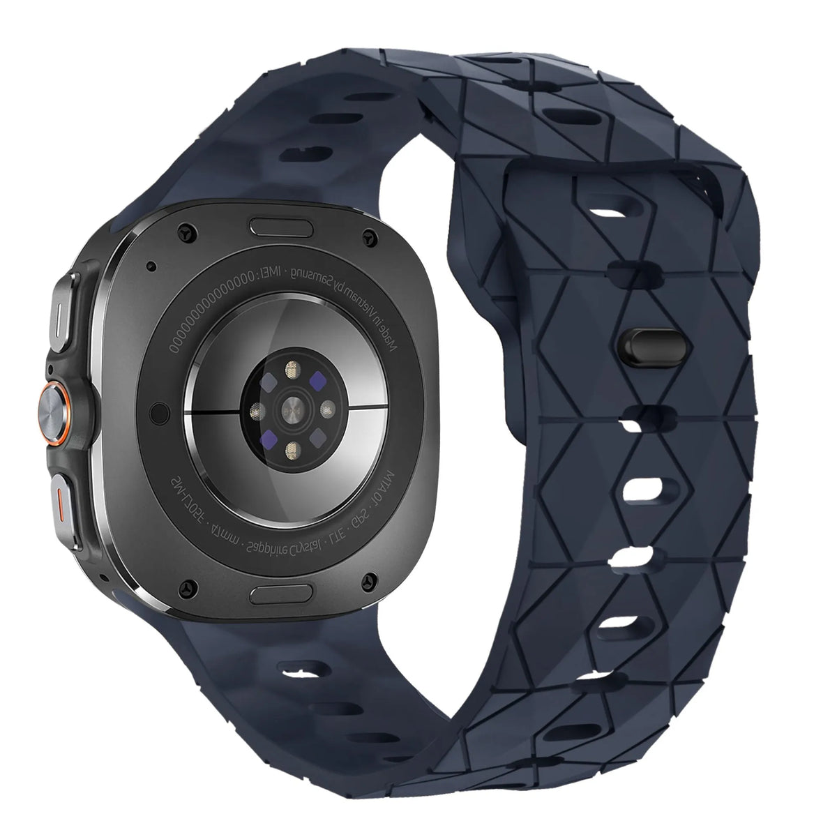 Silicone Strap Hexagons, dark blue, on a watch, 3/4 rear view