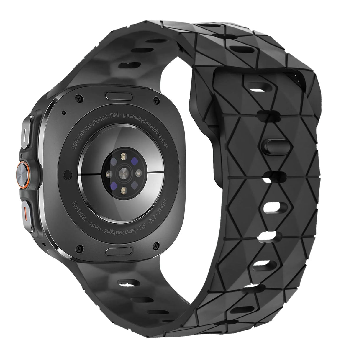 Silicone Strap Hexagons, black, on a watch, 3/4 rear view