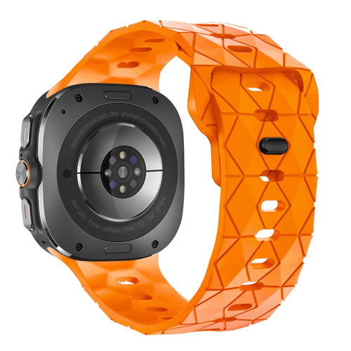 Silicone Strap Hexagons, orange, on a watch, 3/4 rear view