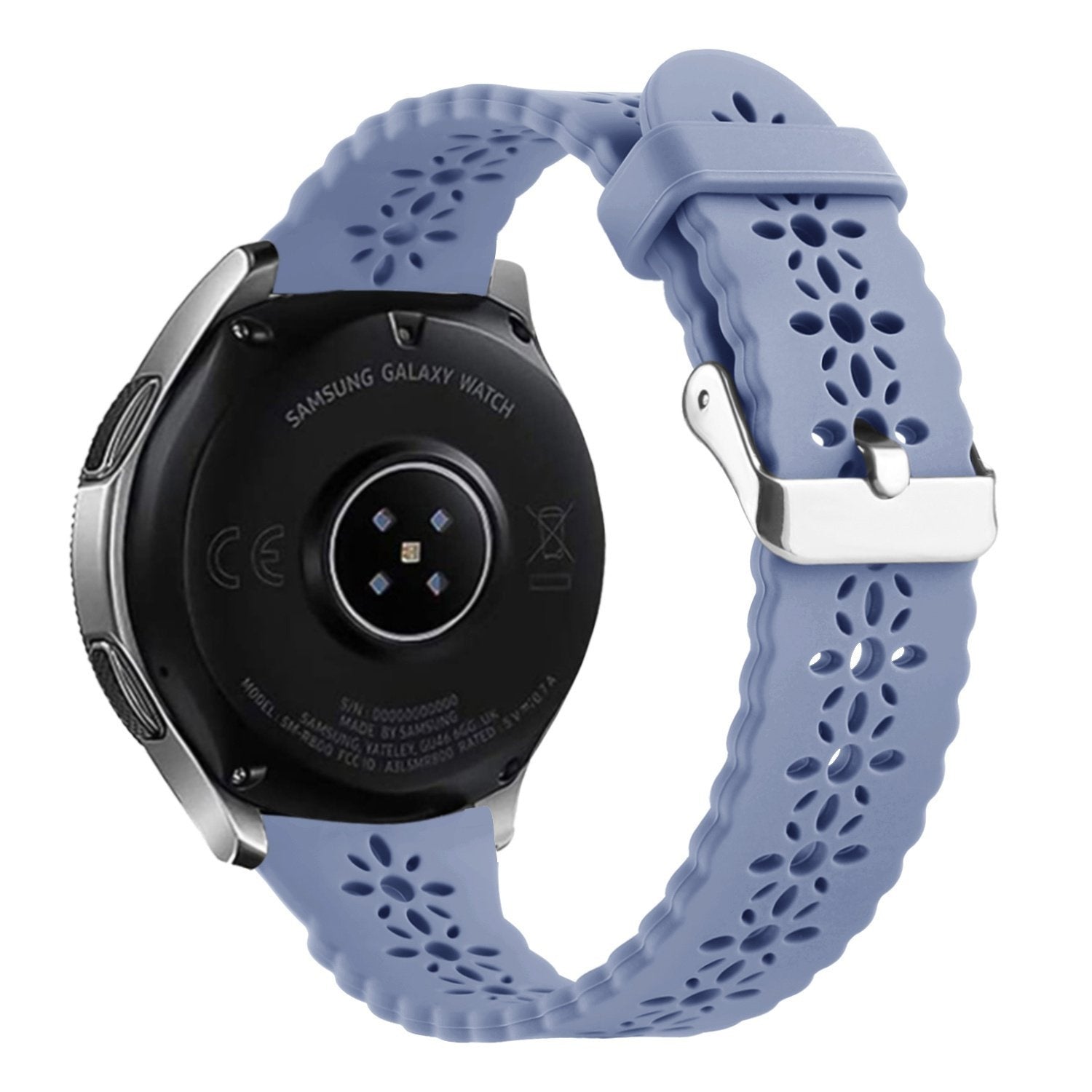Patterned Silicone Strap, lavender grey, on a watch, 3/4 rear view