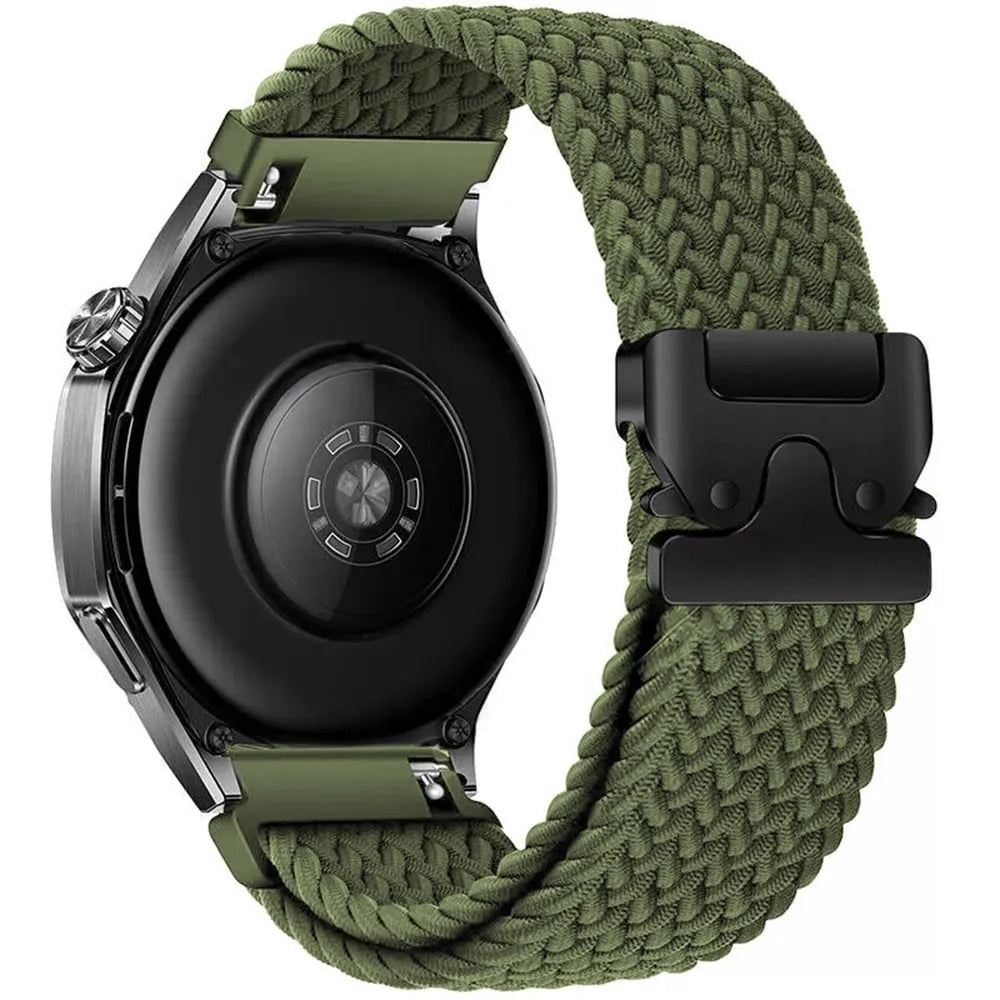 Nylon Braided Strap P-Buckle, green, on a watch, 3/4 rear view