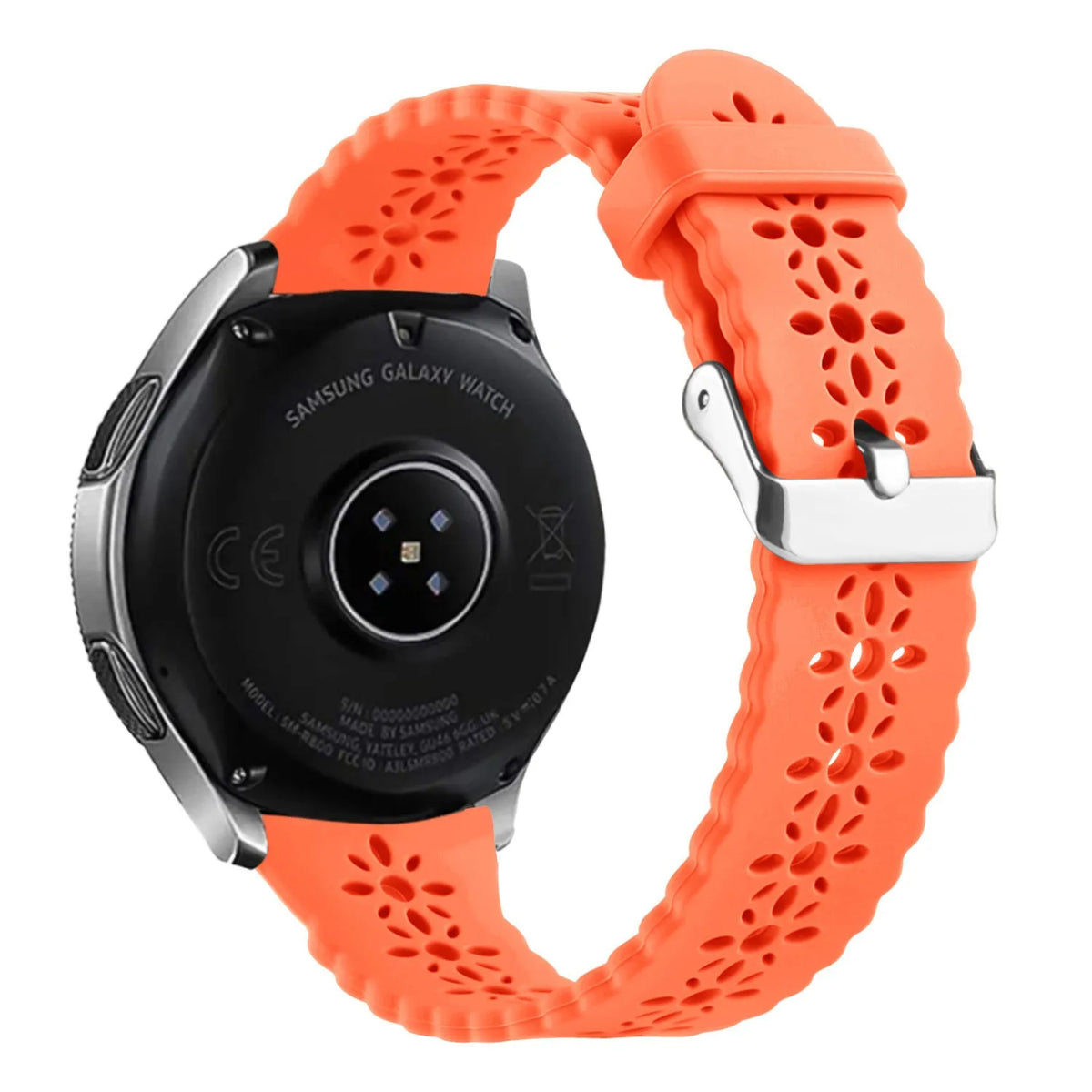Patterned Silicone Strap, orange, on a watch, 3/4 rear view