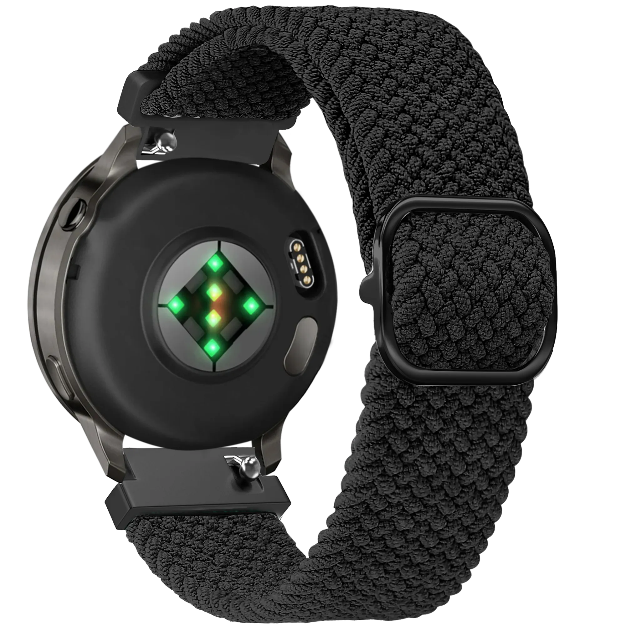 Braided Nylon Strap, black, on a watch, 3/4 rear view