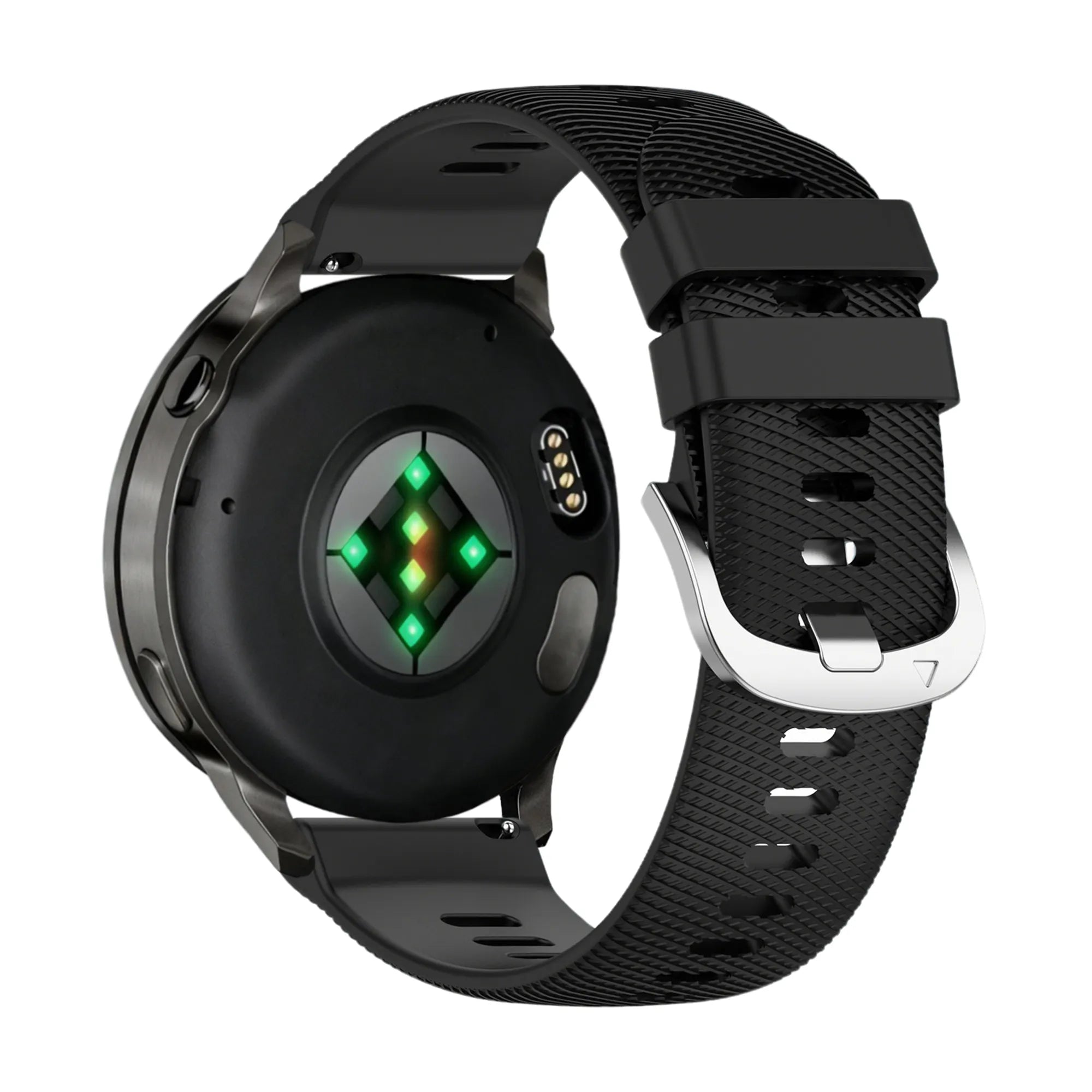 Silicone Strap 'Deluxe', black, on a watch, 3/4 rear view