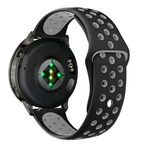 Silicone Sport Strap 'Deluxe', black/grey, on a watch, 3/4 rear view
